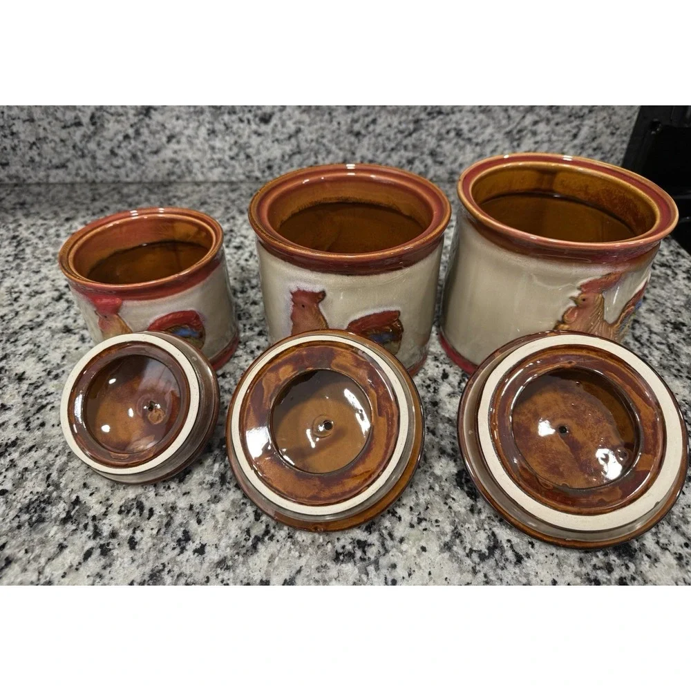 Vintage Rooster Chicken Canister Set of 3 Glazed Pottery Farmhouse Grandma Core